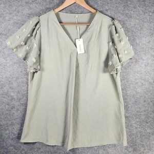 AOKOSOR Women's Sage Green Pom Pom Sleeve V Neck Tunic Top XL Lightweight NEW